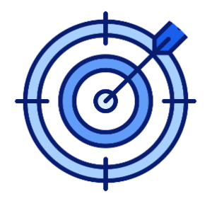 Blue target icon with concentric circles and a dart striking the center, symbolizing focus, goals, or mission.