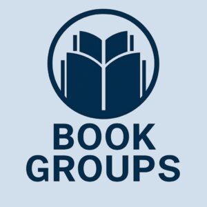 Image feature a circle with books receding into the distance. Book Groups is written below in all caps