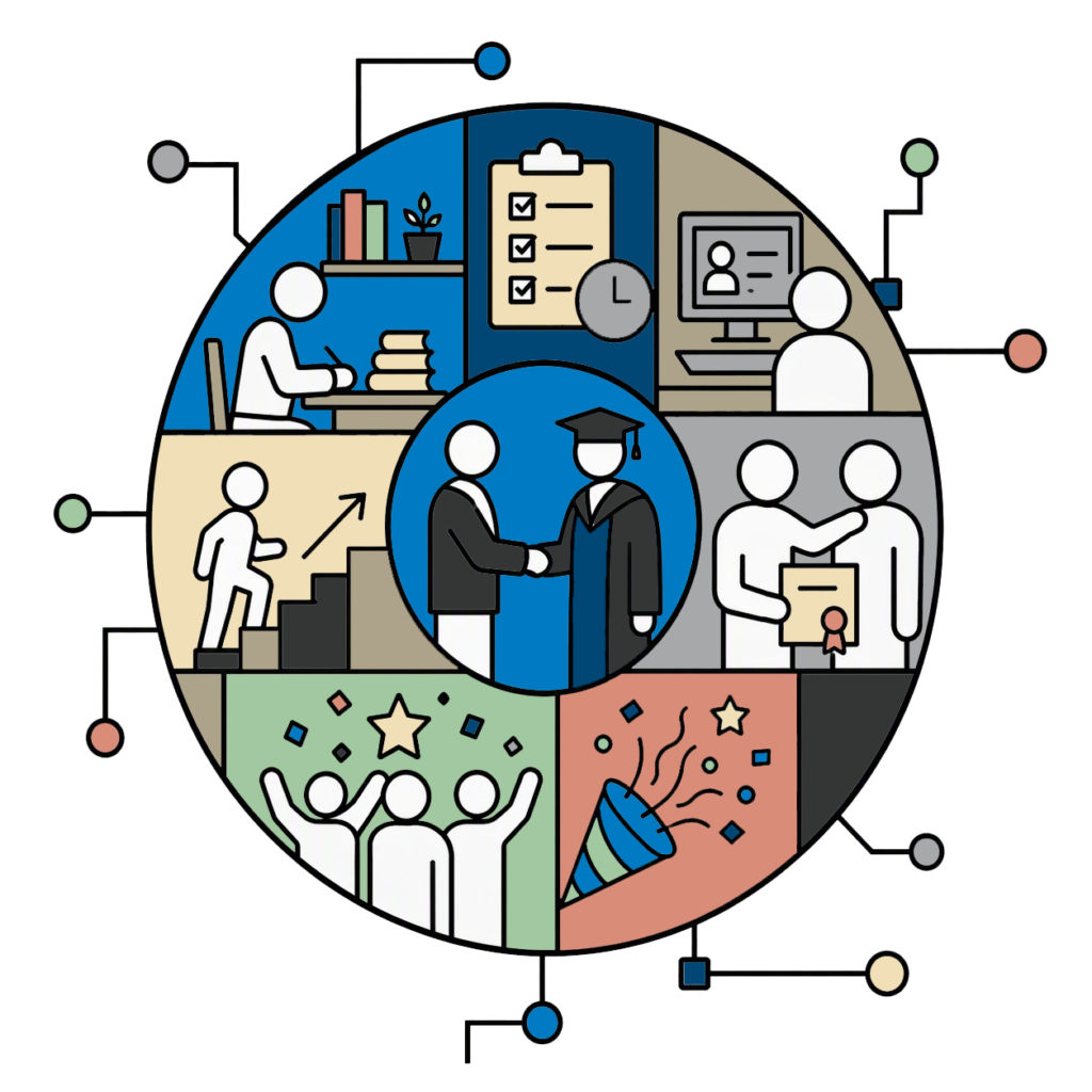 A circle filled with images related to going from associate to professor created with black-and-white vector line art.