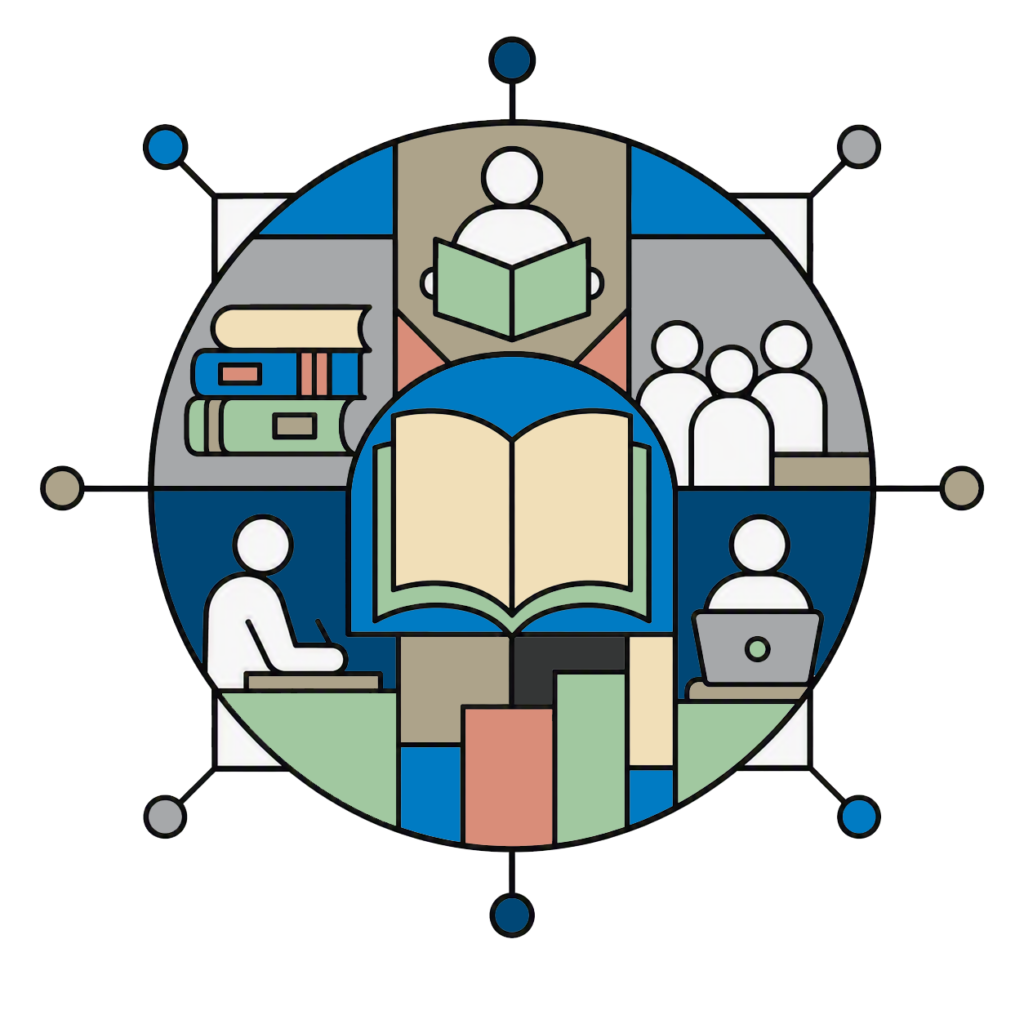 A round image made with black lines and filled with shapes that represent book groups, including books, people reading, and people using computers and at desks