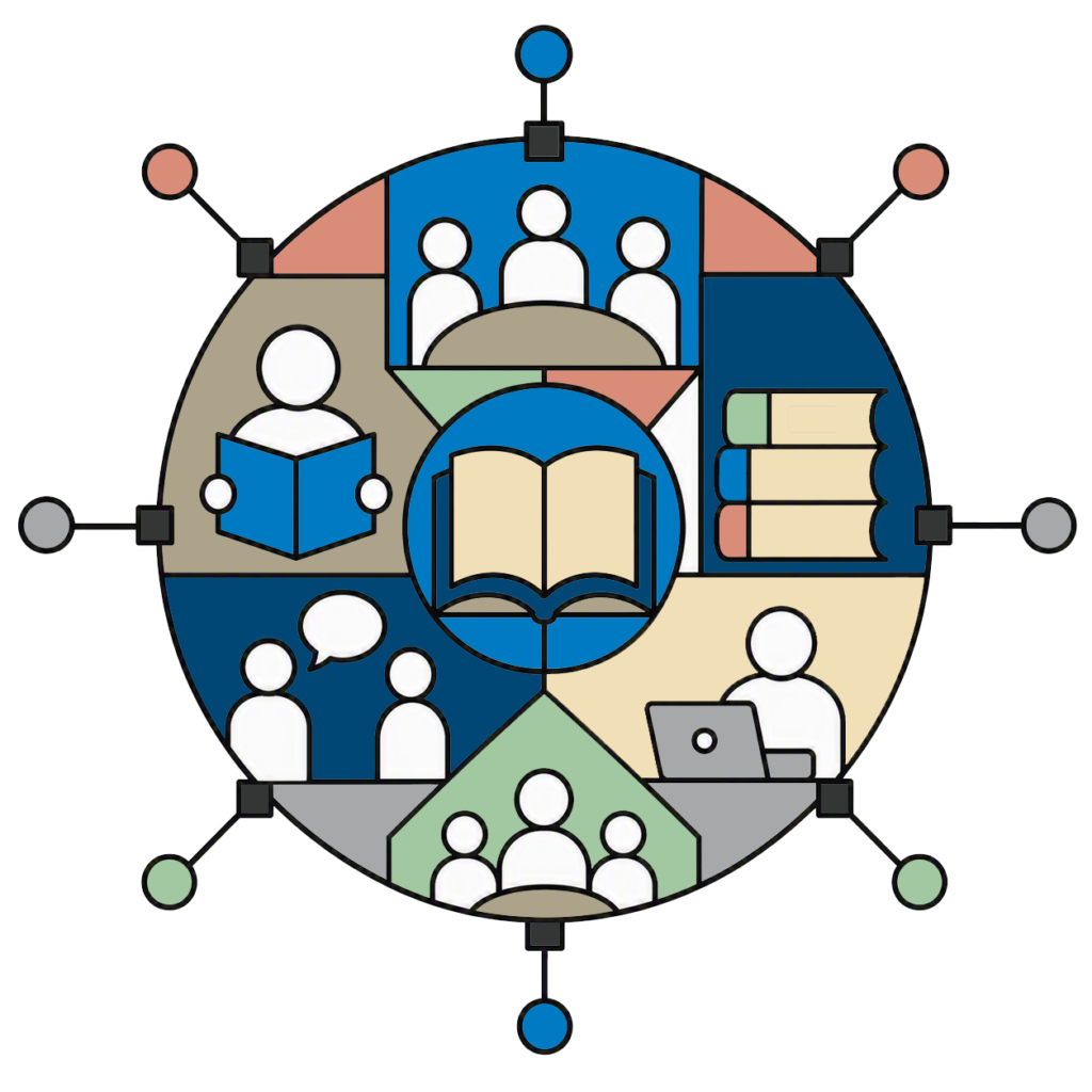 a centered geometric academic illustration representing faculty learning communities. Black-and-white vector line art