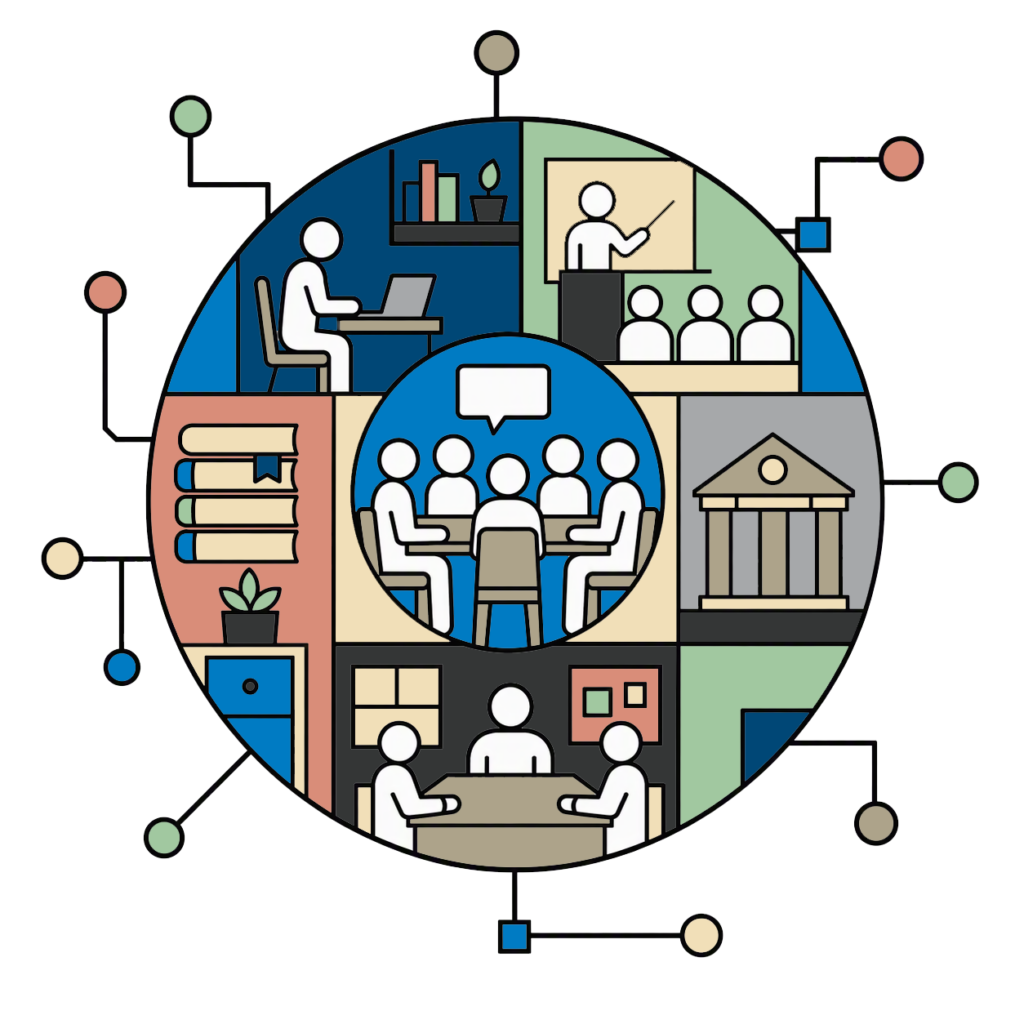 A circle filled with teaching and mentoring images created with black-and-white vector line art.