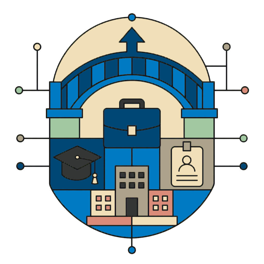 Somewhat abstract image featuring MTSU branding colors and including a briefcase, a building, a clipboard and a bridge