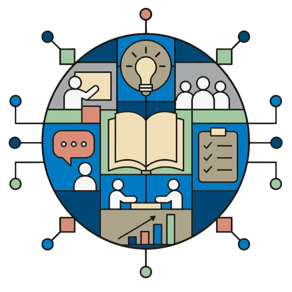 This graphic image represents learning and engagement with line images of people, a book, a clipboard and a classroom