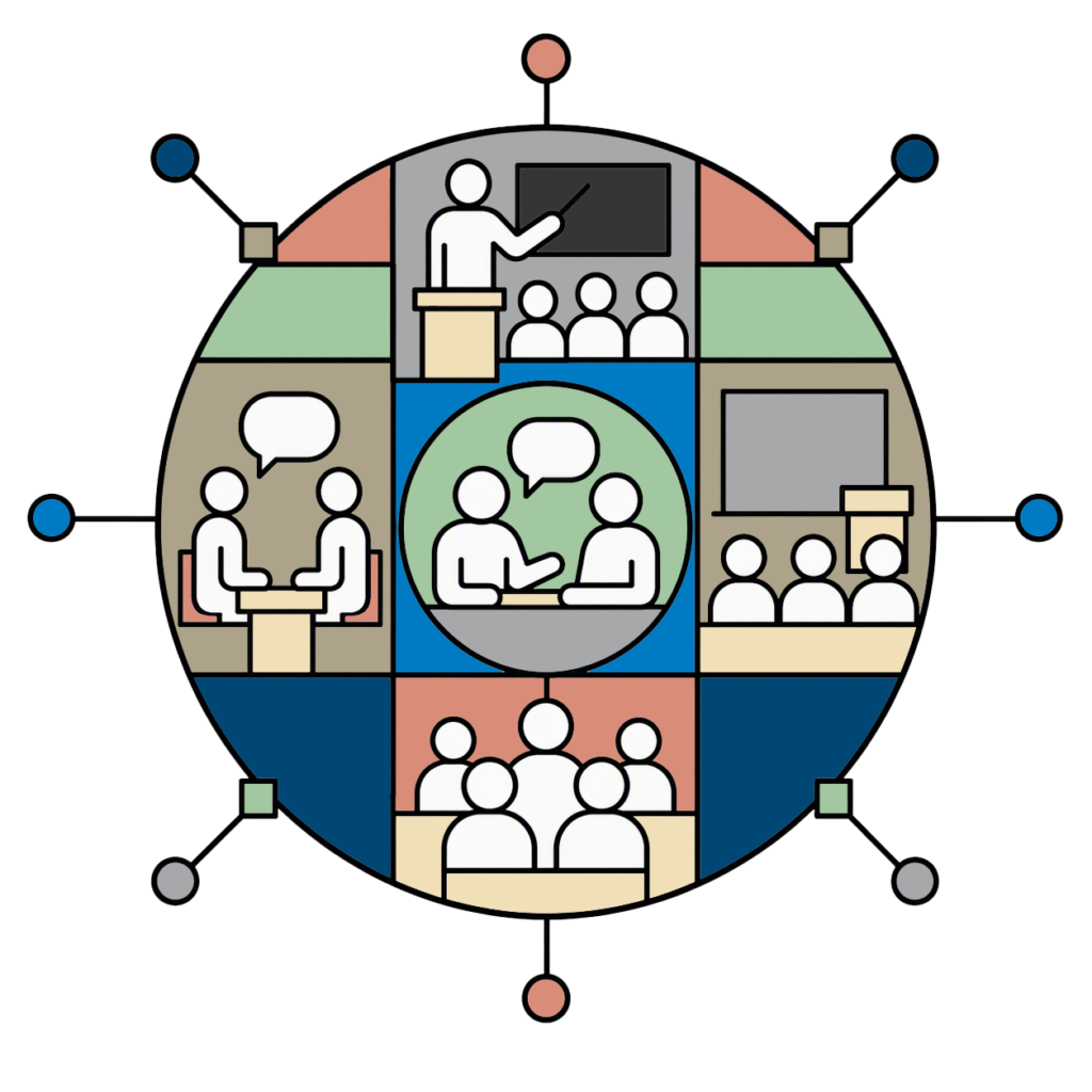 a circle filled with images of teaching and mentoring created with black-and-white vector line art.