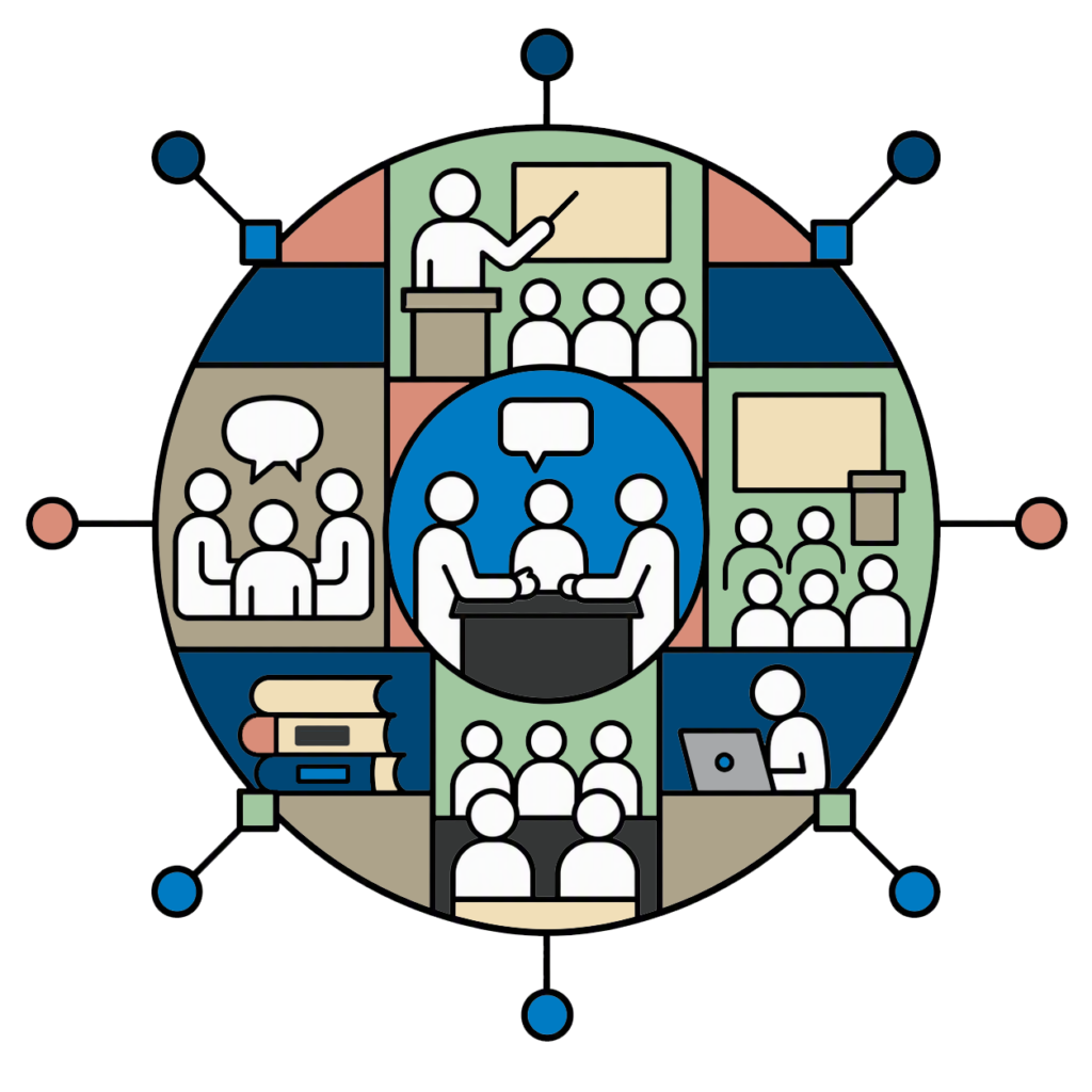 a circle filled with teaching and mentoring images created with black-and-white vector line art.