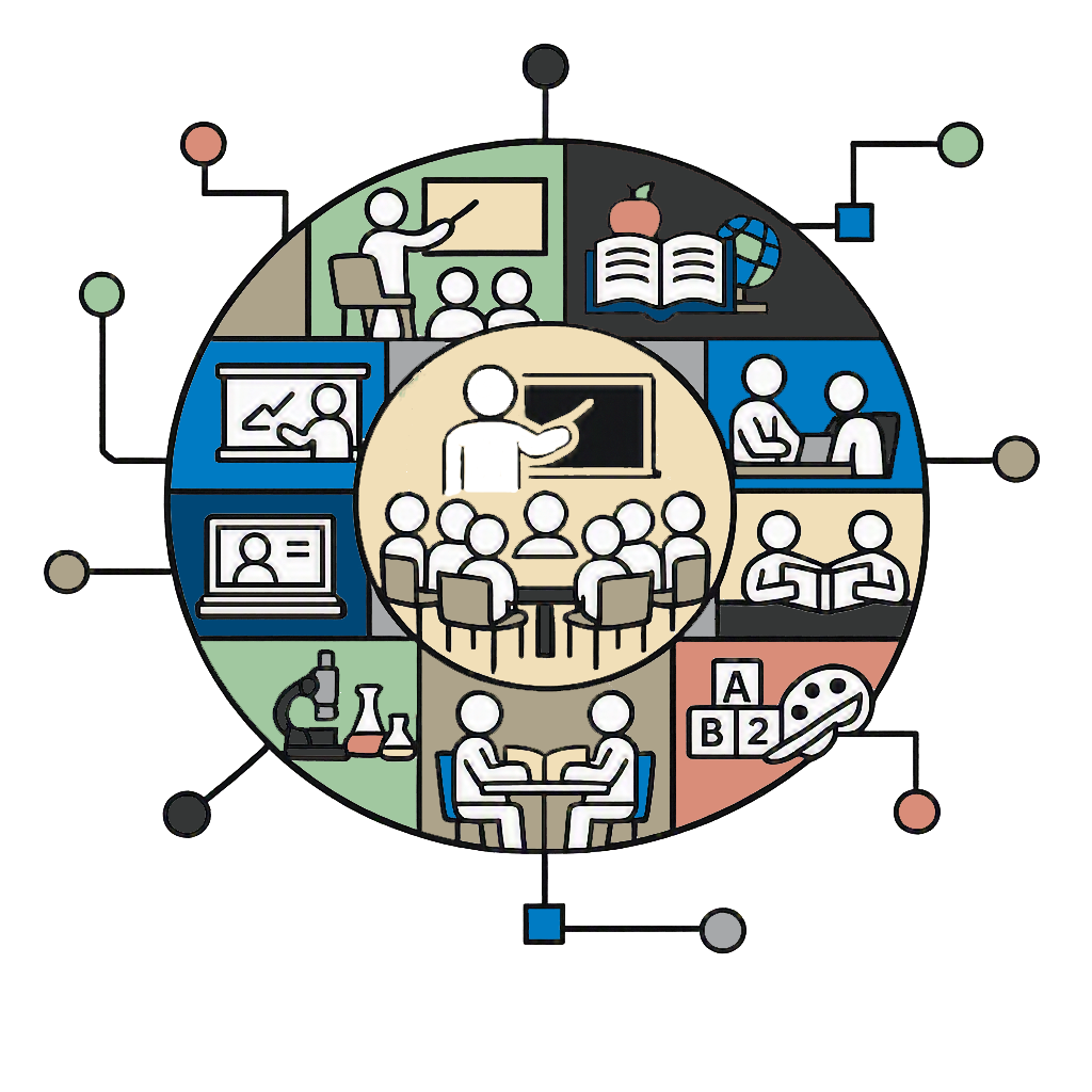 A circular design filled with images that represent teaching and learning, such as classrooms, teachers at the blackboard, science equipment, art equipment, and more